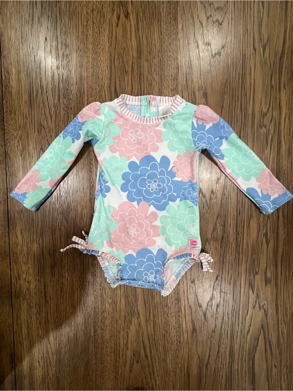 Ruffle Butts Floral Long Sleeve Baby Swimsuit - Pink Blue Mint